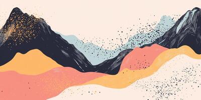 Abstract mountain range landscape art featuring textured, muted colors and a dreamy, peaceful composition with speckles of texture. photo