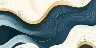 Abstract artwork featuring fluid, layered shapes in contrasting colors, accented with fine gold lines, creating a sense of movement. photo