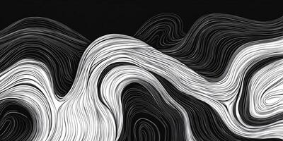 Abstract flowing lines in black and white create a dynamic and fluid artistic composition. The wave design evokes a sense of depth. photo