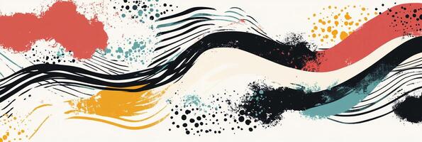 Abstract artwork featuring dynamic paint strokes, splatters, and lines creating a colorful and textured composition. photo