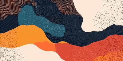 Abstract landform art evokes rolling hills with diverse colors, dotted textures, and flowing line patterns for a modern aesthetic. photo