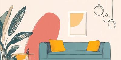 Stylized living room scene featuring a sofa, plants, artwork, and pendant lights. A serene and inviting interior aesthetic with a modern vibe. photo