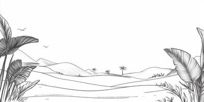 A serene black and white desert landscape with sparse vegetation, gentle dunes, and distant mountains under a clear sky. Simple and calm illustration. photo