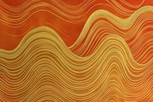 Abstract golden waves cascade over a textured orange surface, creating a vibrant and fluid visual rhythm. Texture, waves, and contrast. photo