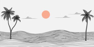 Line art illustration of a beach landscape with palm trees, a wavy ocean, a sunset and some clouds, creating a tropical and minimalist vibe. photo