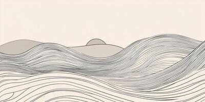 Stylized, lined landscape art. Flowing lines depict waves or rolling hills. Light beige background with a simple gray sun or moon. photo