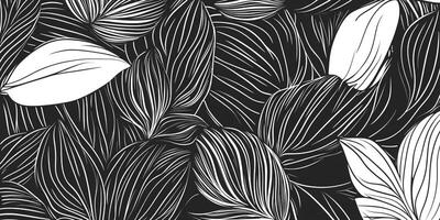 Abstract black and white background with stylized leaves and flowing lines creating a seamless botanical design. Monochromatic pattern. photo