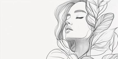Elegant artistic representation of a woman in profile with flowing hair and botanical elements, captured in a simple black and white style. photo