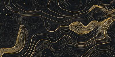 Abstract topographic map design. Golden contour lines create a sense of elevation and depth on a dark background. Modern and elegant. photo