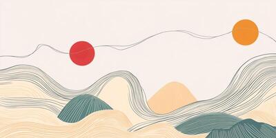 Minimalist landscape art featuring rolling hills, two suns, and flowing lines creating a serene and abstract nature scene. photo