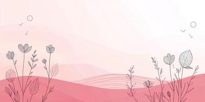 Stylized floral line art against a soft pink gradient background with hills, birds, and a sun-like circle adds a touch of whimsy and tranquility. photo