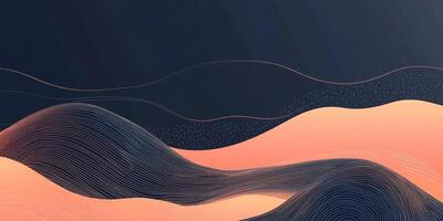 Abstract landscape featuring flowing lines in gradient colors evokes a serene atmosphere. The interplay of dark and light creates depth. photo