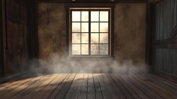 An empty, dusty room with a window that is letting the light shine inside. The atmosphere is very eery and haunted in this space. photo