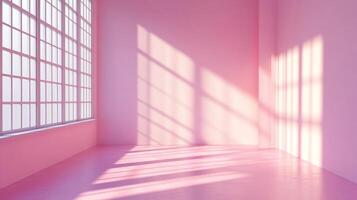A pink monochromatic room is illuminated by sunlight streaming through large windows, creating a soft and serene atmosphere. The light casts shadows. photo