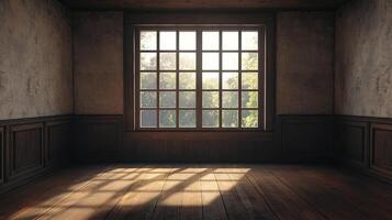 Sunlight streams into an empty room through a large window, creating light and shadow patterns on the wooden floor. Rustic charm. photo