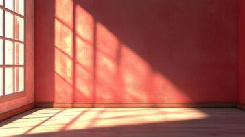 Bright room with sunlight casting window frame shadows on a textured red wall, creating a warm, minimalist indoor space with wooden floor. photo