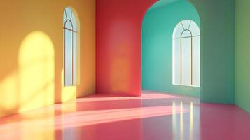 A brightly colored room with archways and arched windows casting sunlight into a hallway, creating a vibrant and modern architectural space. photo