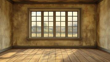 Rustic room with hardwood floor and window showing an outside scene. The natural light and warm tones create a cozy ambience. photo