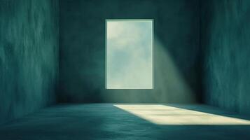 A sparse, teal-toned room is illuminated by a rectangle of light streaming through a central window, creating a minimalist atmosphere. photo