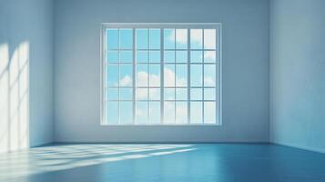 Bright, empty room with light streaming through a large paneled window, hinting at a clear sky. The space is clean and calming. photo