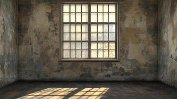 Empty, weathered room with large window casting light onto wooden floor. Textured walls add character to the scene. photo
