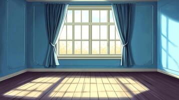 A serene room bathes in sunlight streaming through a large window with blue curtains, creating a peaceful and inviting atmosphere. photo