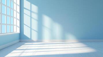Light-filled corner with blue wall, white trim, and sunshine streaming through a multi-paned window, casting patterned shadows on the floor. photo