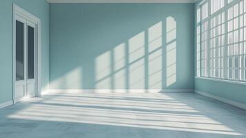 Bright, open space with minimalist design and natural light flooding through a large window, casting shadows on the light-blue walls and floor. photo
