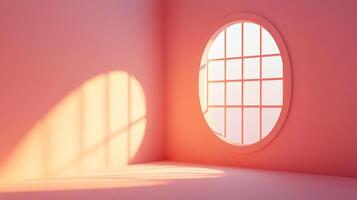 Sunlight through a round window casts shadows on a peach-colored wall, creating a warm and serene interior setting with gentle light. photo