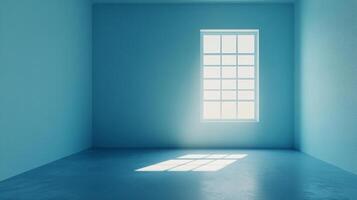 An empty blue room features a window letting in light. The light creates a bright, airy space with clean lines. A blank canvas for design. photo