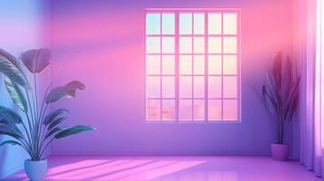 Neon-lit interior with indoor plants flanking a window, creating a surreal and tranquil atmosphere in a room filled with soft, vivid hues. photo
