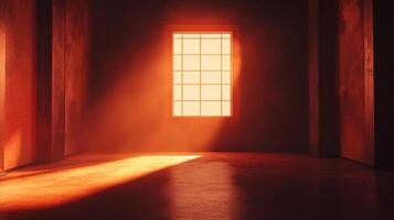 Sunlight streams through a gridded window, illuminating the empty room with warm, radiant light, creating shadows and depth. photo