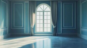 Elegant blue room with a large window, framed by curtains. Sunlight streams across the shiny floor creating a serene atmosphere. photo