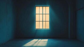 An empty room is lit by sunlight streaming through a window. The light creates a beam on the floor, contrasting with the blue walls. photo