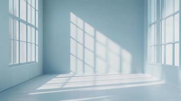 A sunlit corner room features white walls, a window, and shadows that dance across the floor, creating a serene, calming atmosphere. photo