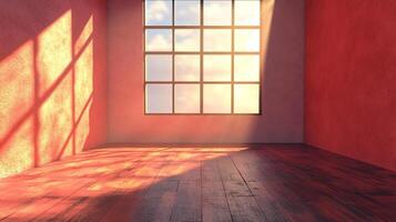 Sunlight streams into a room through a large window, casting light and shadow across the textured walls and wooden floor. photo