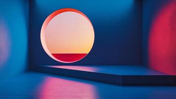 Geometric architecture featuring a circular window showcasing a colorful sunset with gradient hues in an aesthetically pleasing color scheme. photo