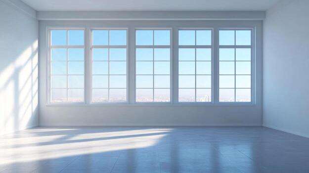 Bright empty interior with large windows, natural light streaming in illuminating the clean walls and floor creating reflections and shadows. photo