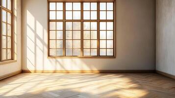 Sunlit room with large window illuminating the wood floor, enhancing its beautiful herringbone pattern and texture with gentle light. photo