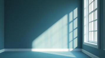 Sunlight streams through a window, casting patterned shadows on the blue wall, creating a peaceful, light-filled room atmosphere. photo