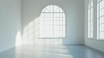 Sunlit minimalist space with arched windows, creating bright and airy ambiance, perfect for modern living or studio. photo