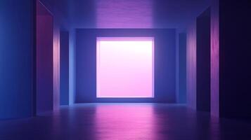 Geometric abstraction with a luminous square portal, bathed in shades of pink and purple, evokes a sense of mystery and futuristic design. photo