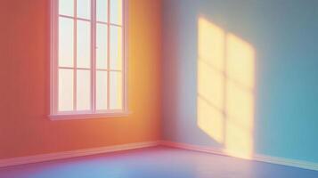 Sunlit room with a window casting shadows on blue wall and light on apricot colored wall, creating a peaceful and vibrant atmosphere. photo