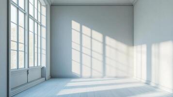 Sunlight streams through a large window, illuminating the bare walls and wooden floor of a bright, empty room, casting shadows. photo
