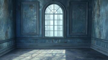 Moody room with weathered walls and an arched window, light streaming in, creating patterns on the floor, inviting contemplation. photo
