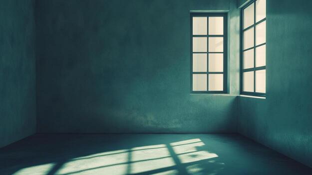 An empty room with sunlight streaming through the windows, creating shadows and emphasizing the simple geometry. Interior architecture. photo