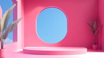 Pink room with plants and an oval window. The blue sky is visible through the window, making it a nice day to display a product. photo