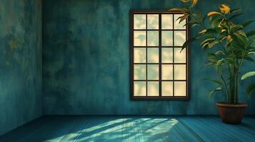 Plant and window in turquoise room. Sunlight streams through window, adding warmth. Simple beauty in an empty room with wooden floors. photo