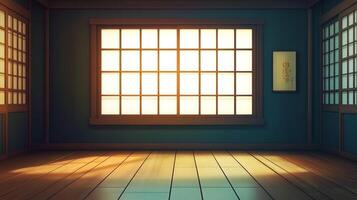 Serene Japanese room bathed in soft light, with a large window showcasing a tranquil view and polished wooden floors. photo