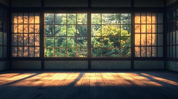 Sunlight streams into an empty room, casting shadows across the wooden floor through traditional windows overlooking lush greenery. photo